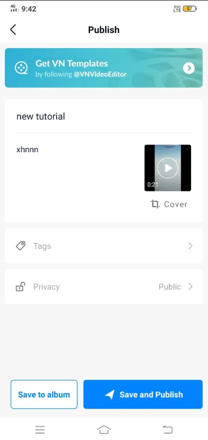 VN Video Editor — Save & Publish